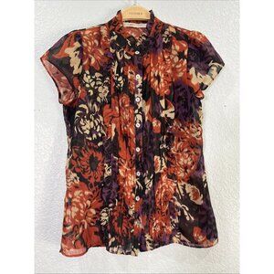Gibson Top Womens S Multicolor Button Up Floral Ruffle Pleated Sheer Chiffon Y2K